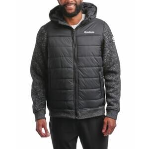 Reebok Hooded Puffer Hybrid Wind & Water Resistant Black Gray Jacket LG
